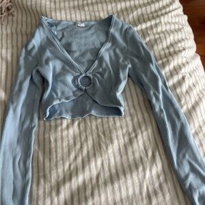 Garage Light Blue Ribbed Ring-Front Long Sleeve Crop Top